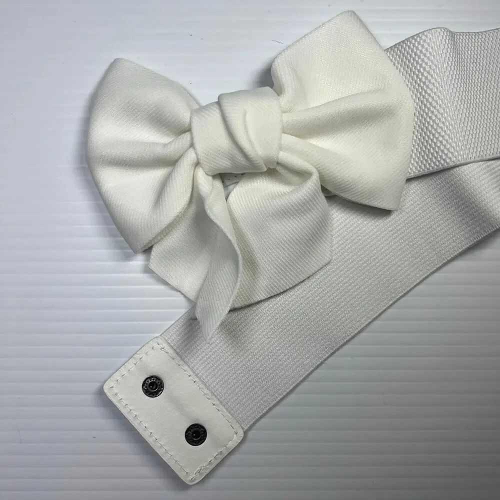 Vintage Style Size Large White Oversize Bow Wide Elastic Cinch Belt Snap Closure